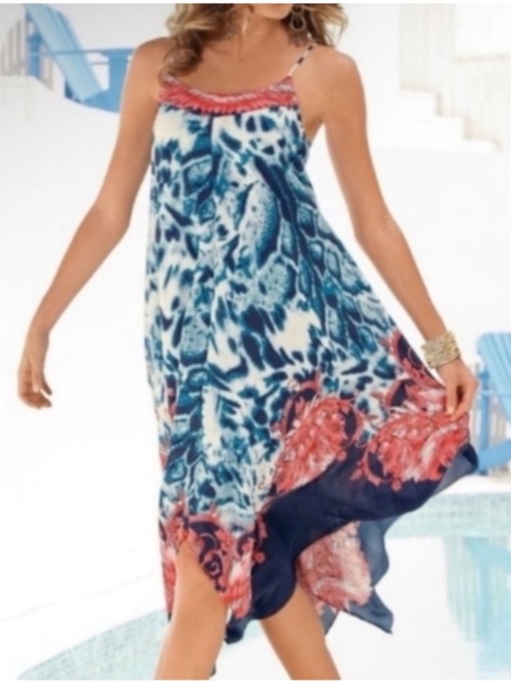 Boston Proper Bohemian Blue and Coral Handkerchief Hem Dress Boho Floral Y2K 0